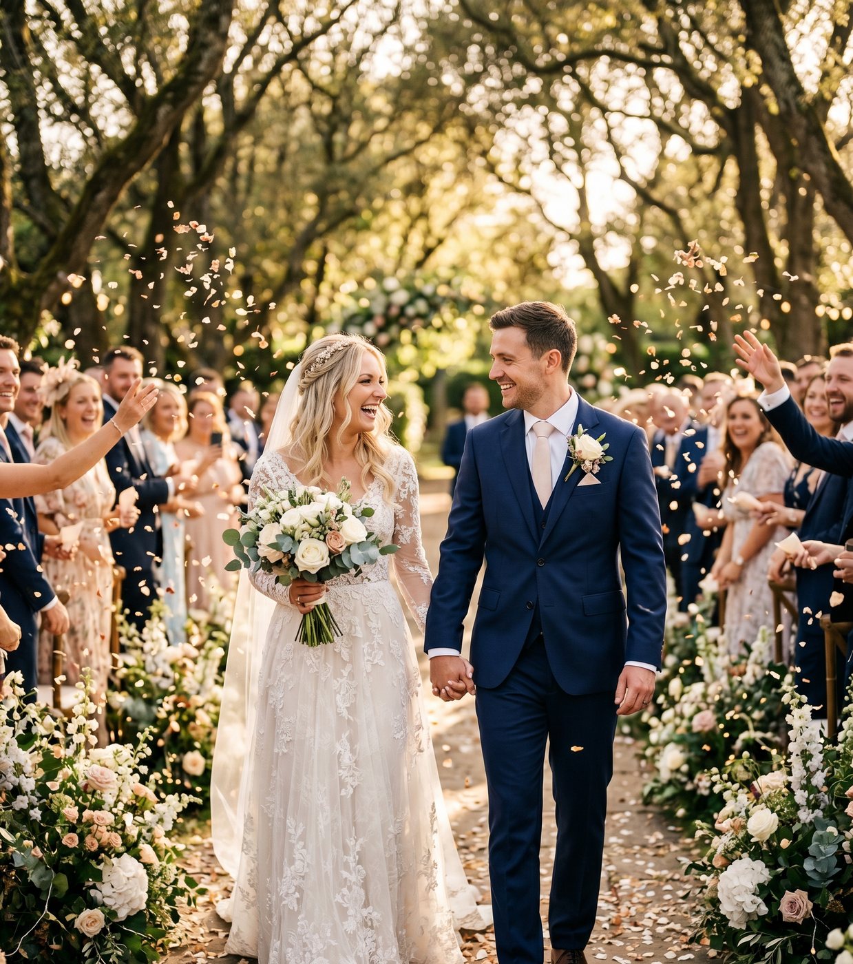 Mariés sous une pluie de confettis dans l’allée — galerie photo de mariage