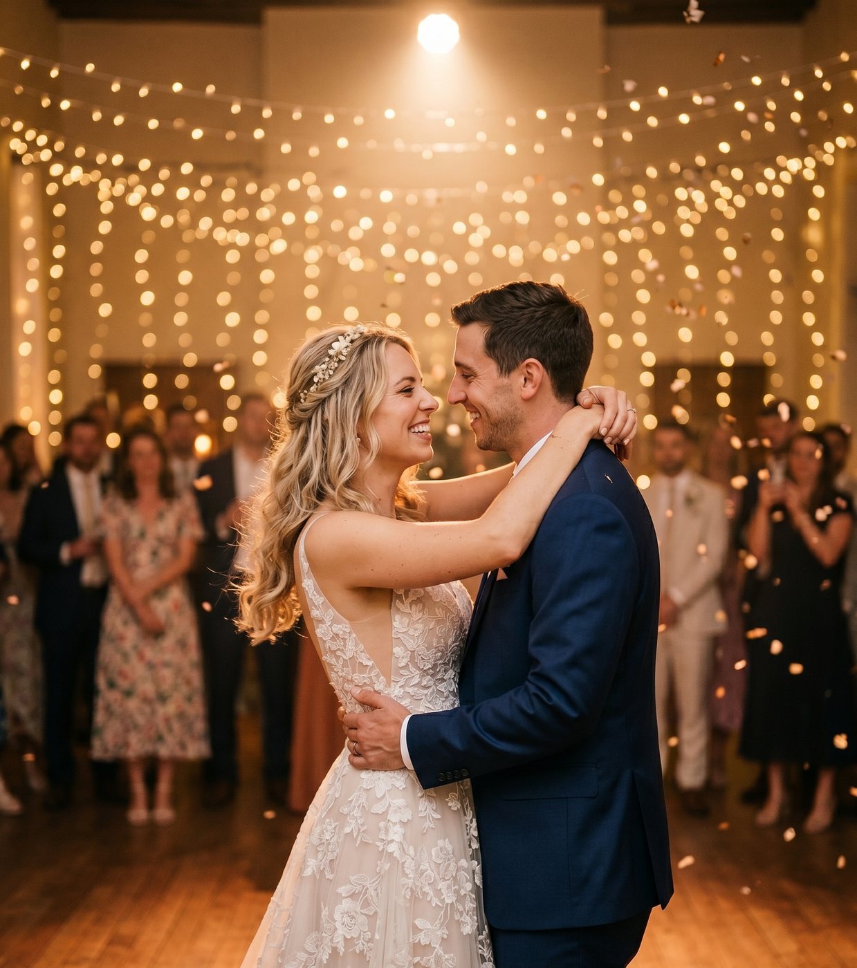 Première danse des mariés sous les guirlandes lumineuses — galerie photo de mariage