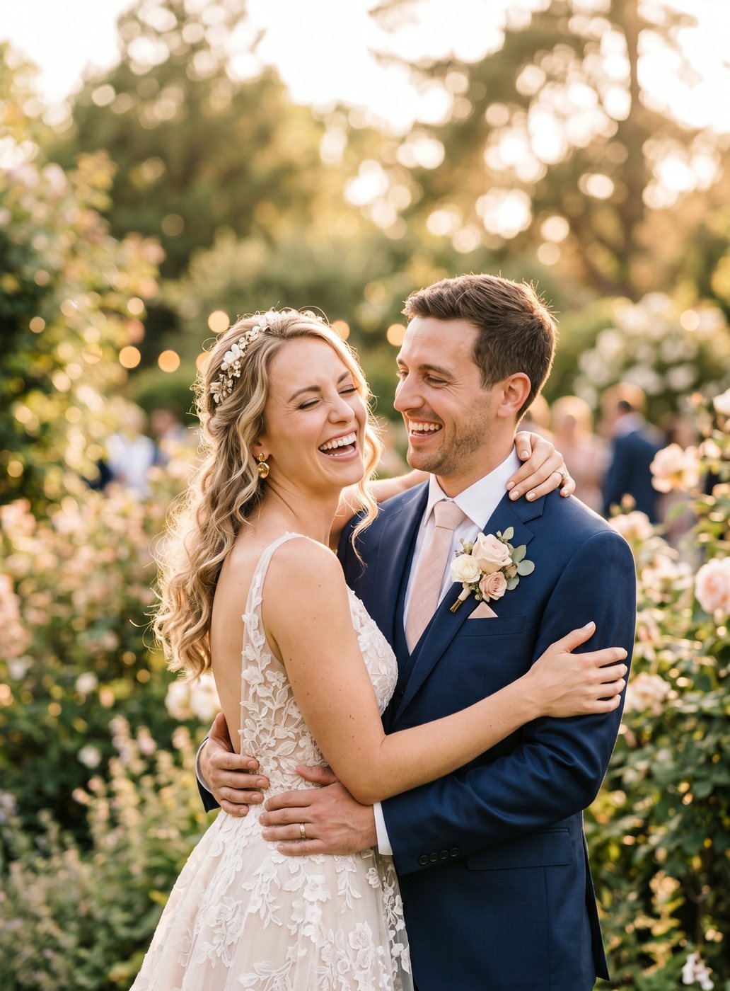Couple de mariés enlacés à la golden hour — galerie photo de mariage