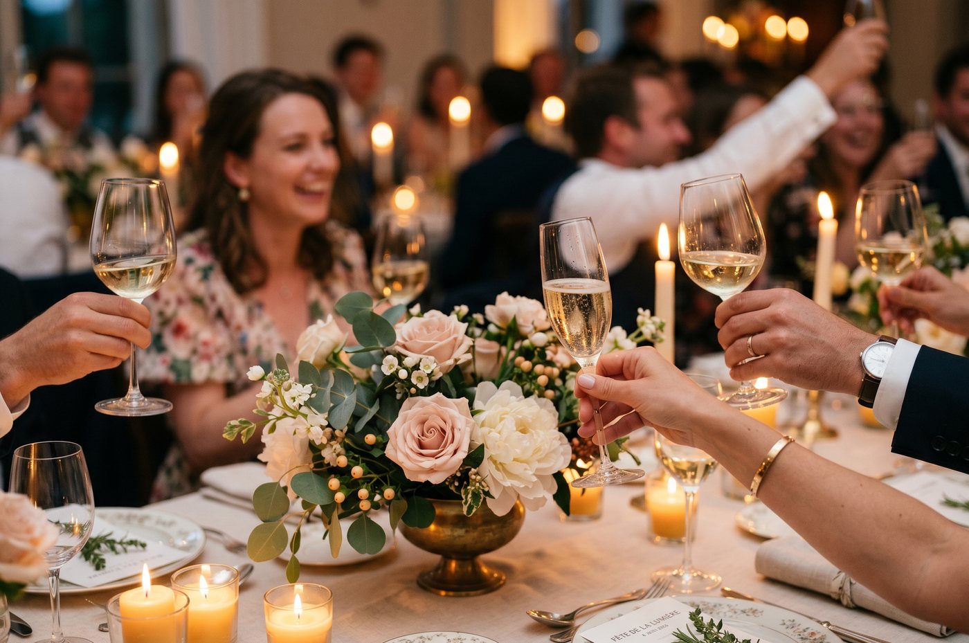 Table de fête et toast aux verres levés — galerie photo d'événement